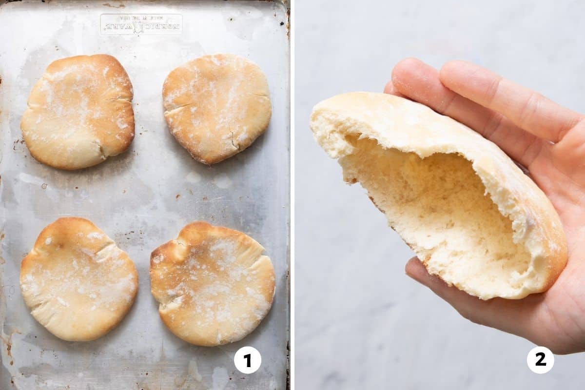 2 image collage of baked pitas and showing airy open inside