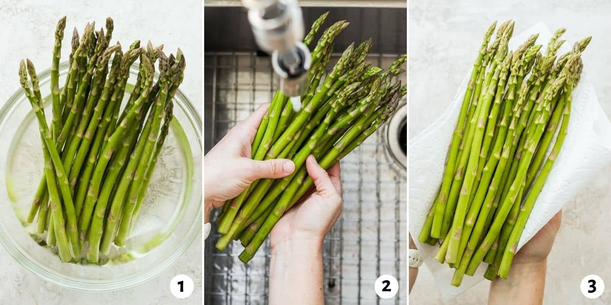 3 image collage to show how to soak asparagus, rinse in the sink and then dry with paper towel