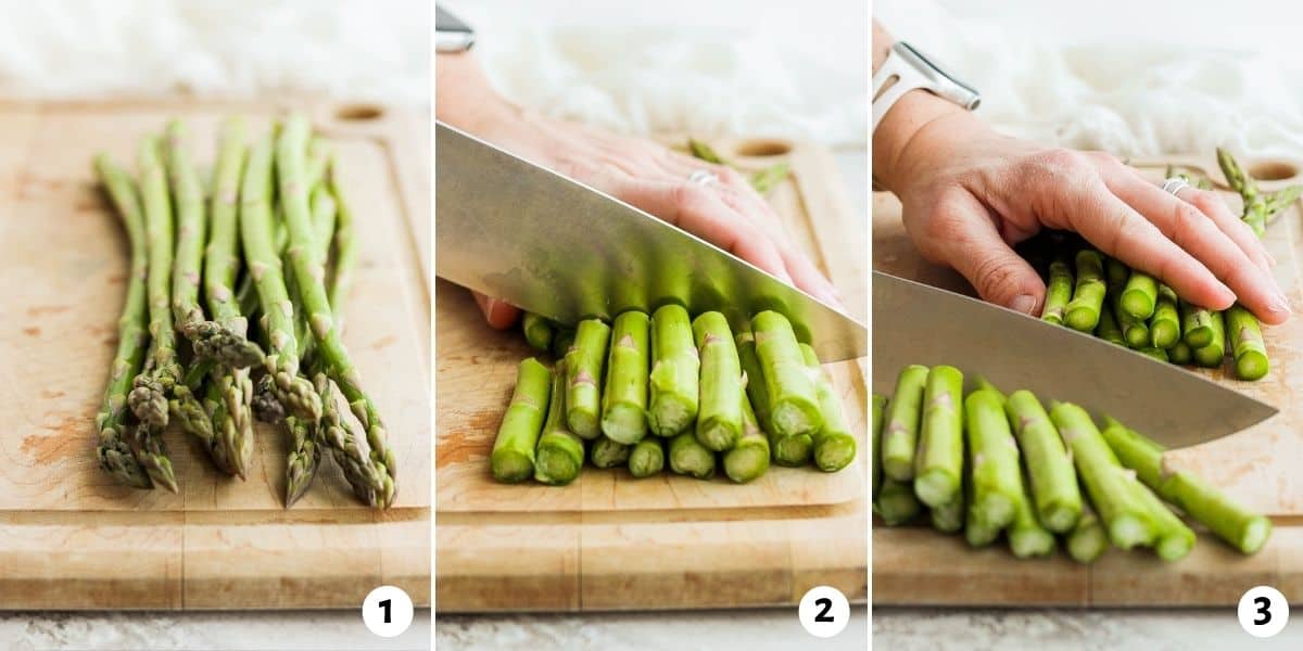 3 image collage to show lining up the asparagus, cutting where the color changes and then removing the woodsy bottoms