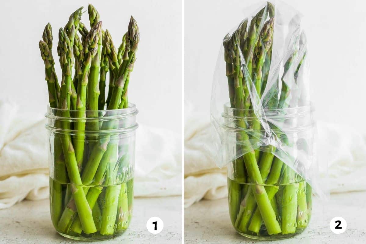 2 image collage to show asparagus in mason jar for storage and then wrapped in plastic bag