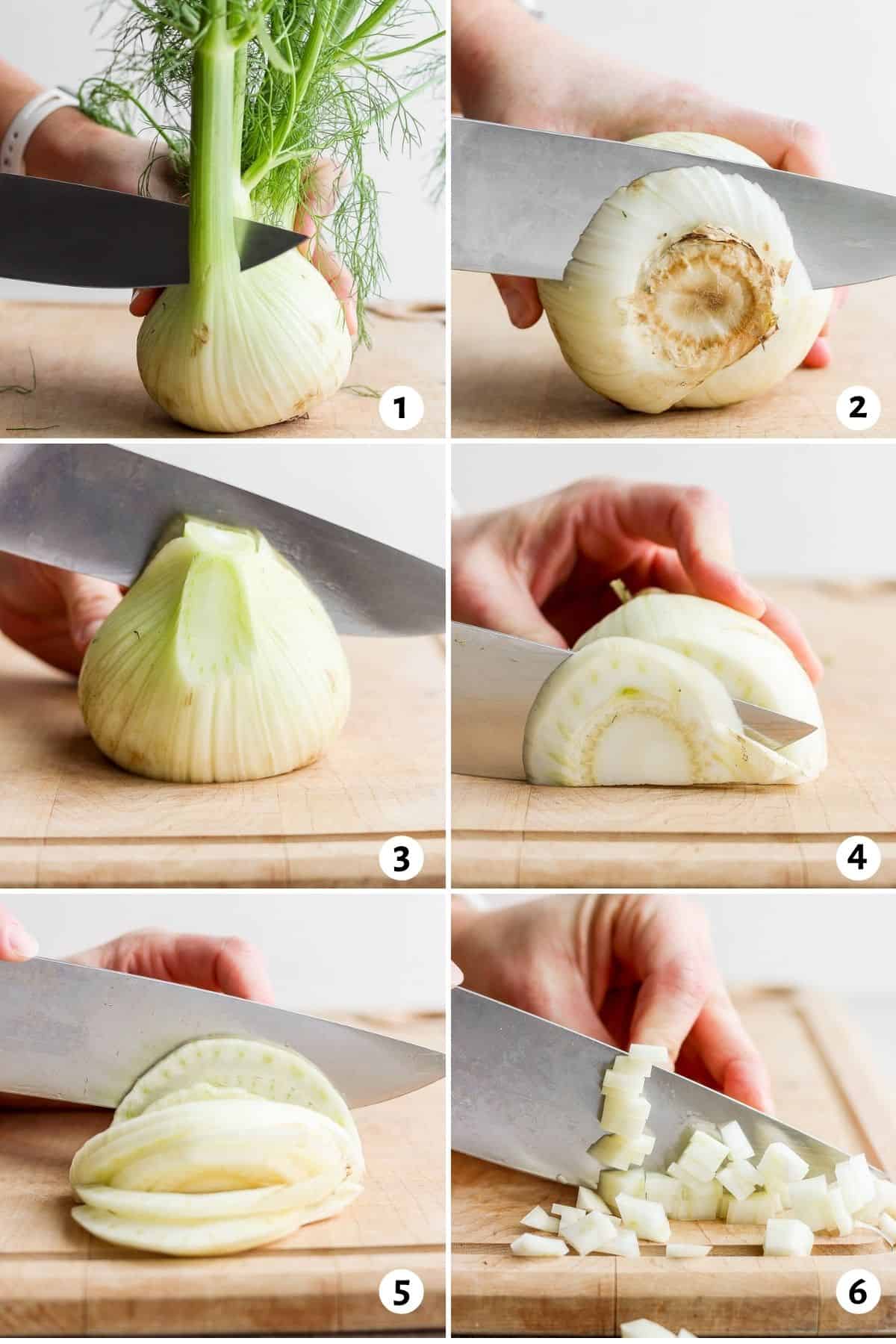 6 image collage to show how to cut fennel