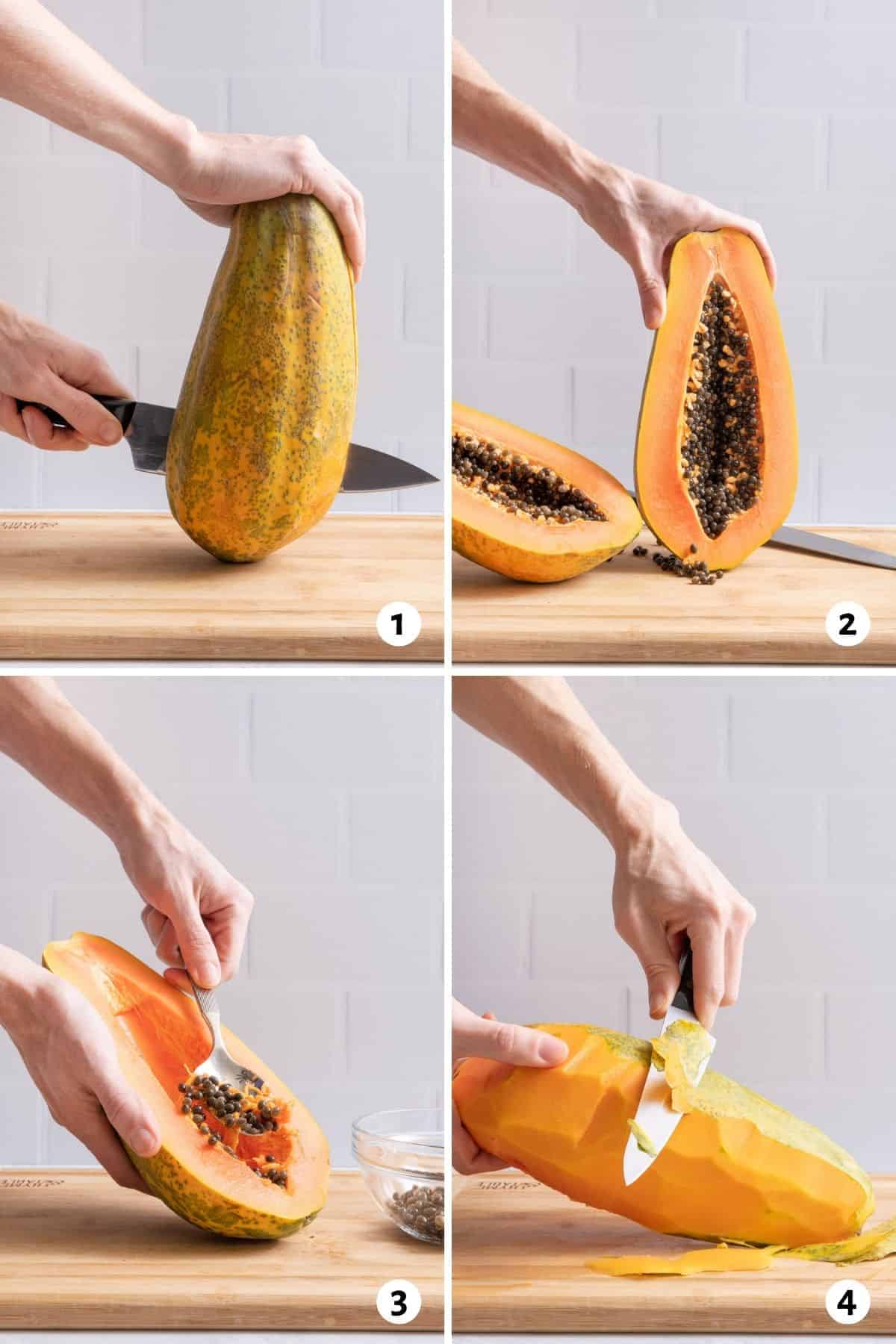 4 image collage to show steps on how to prepare a papaya to cut