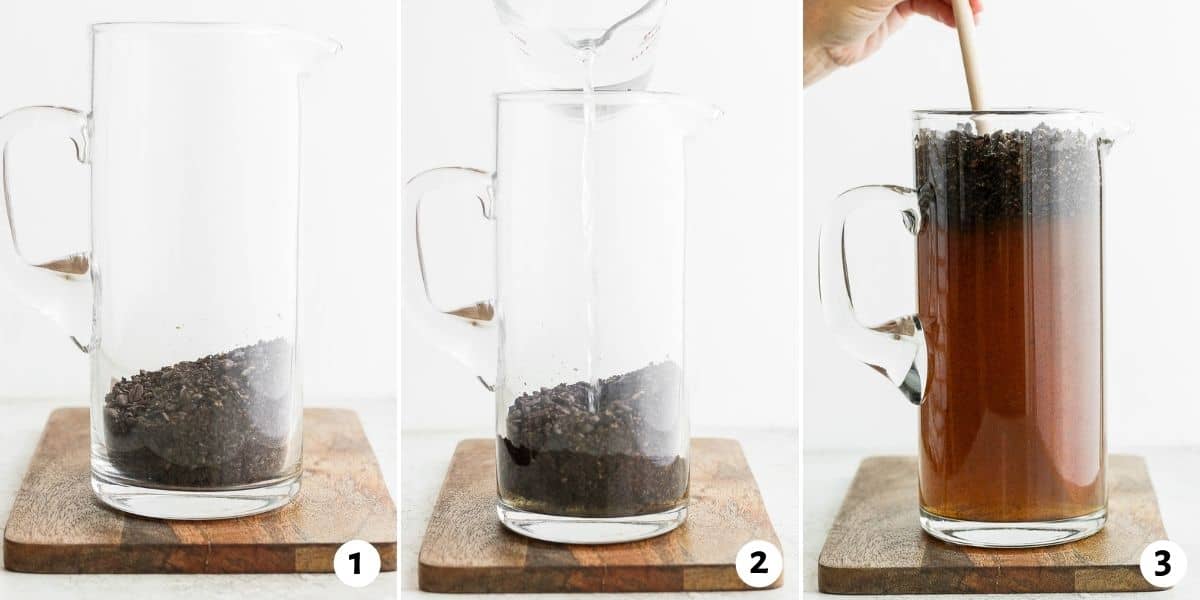 3 image collage of coffee ground being placed in a large glass pitcher, then water poured in, and then stirring