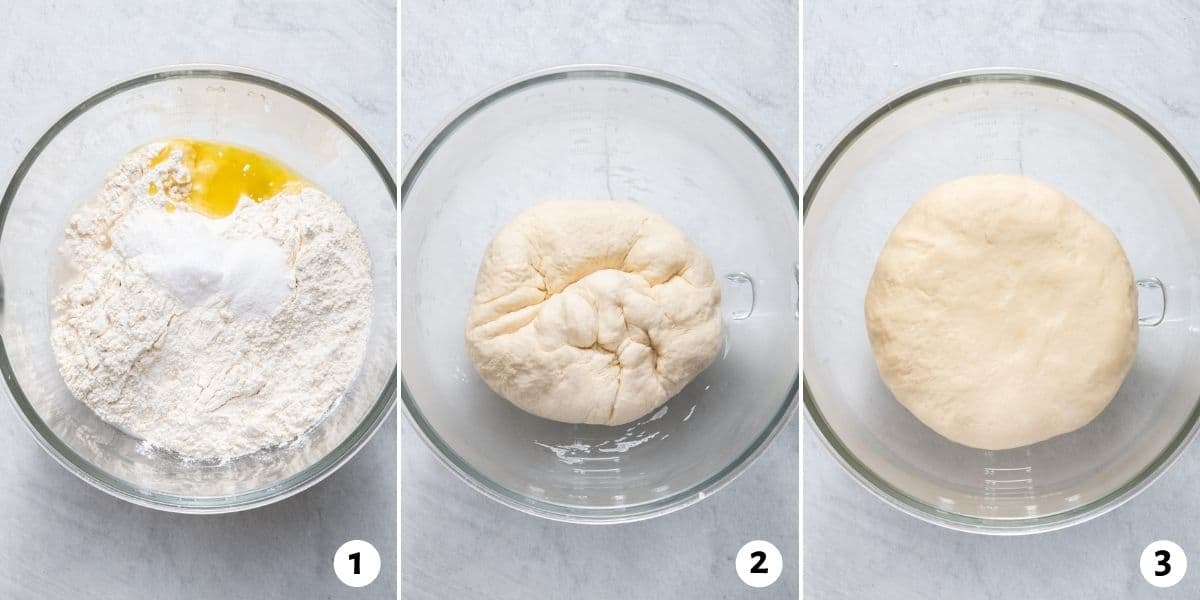 3 image collage to show how to make the dough for the flatbread