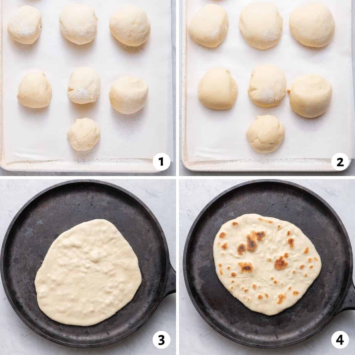 4 image collage to show the dough separated into balls, then getting cooked on cast iron skillet