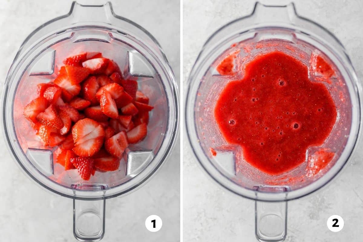 2 image collage of blending strawberries