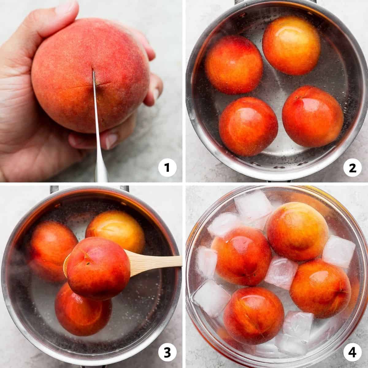 4 image collage of How to peel peaches by blanching and transferring to an ice bath