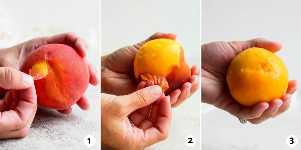3 image collage of how to peel peaches after blanching