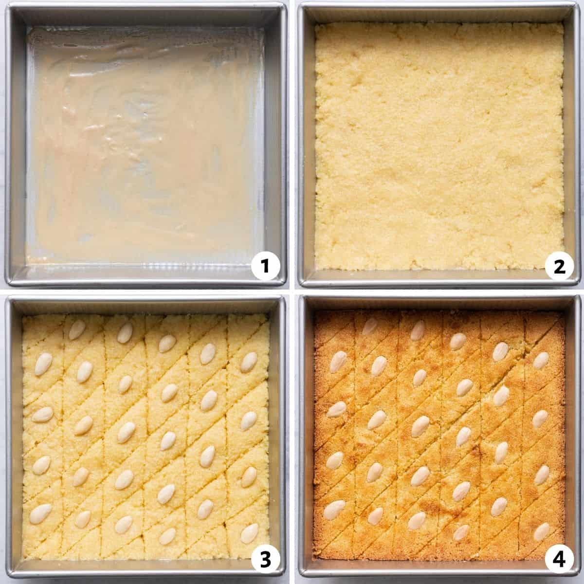 4 image collage of preparing recipe in square baking pan and cutting the diamonds with a piece of almond on each section