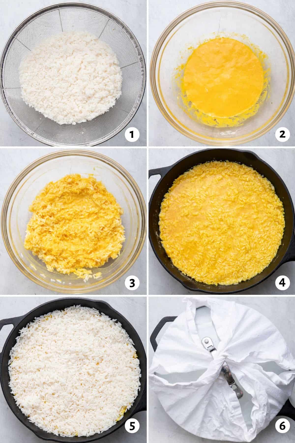 6 image collage on how to make Persian rice in a cast iron pan