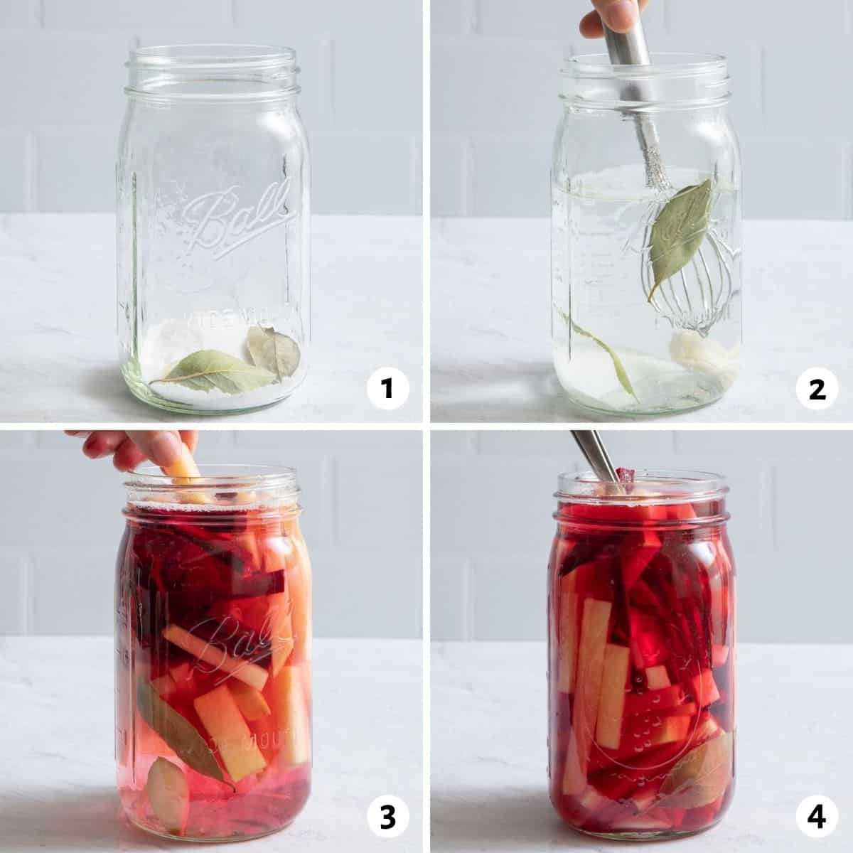 4 image collage of steps to preparing pickling recipe