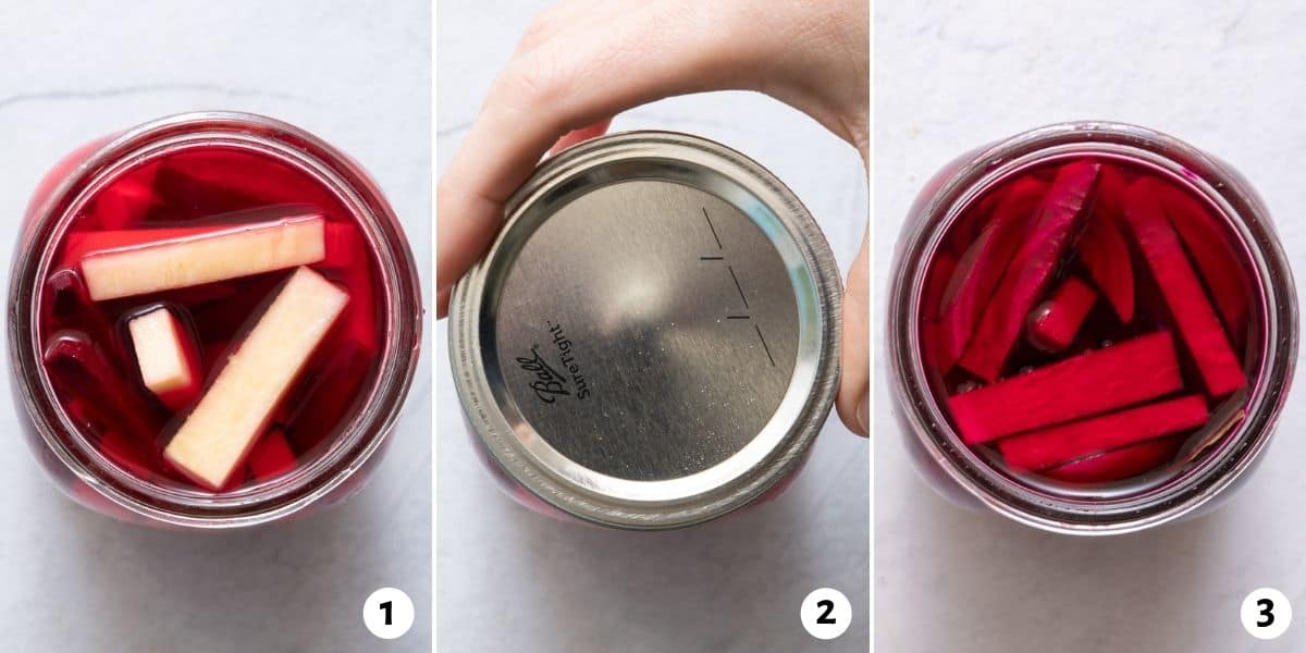 3 image collage of turnips in pickling water in mason jar and after fermenting