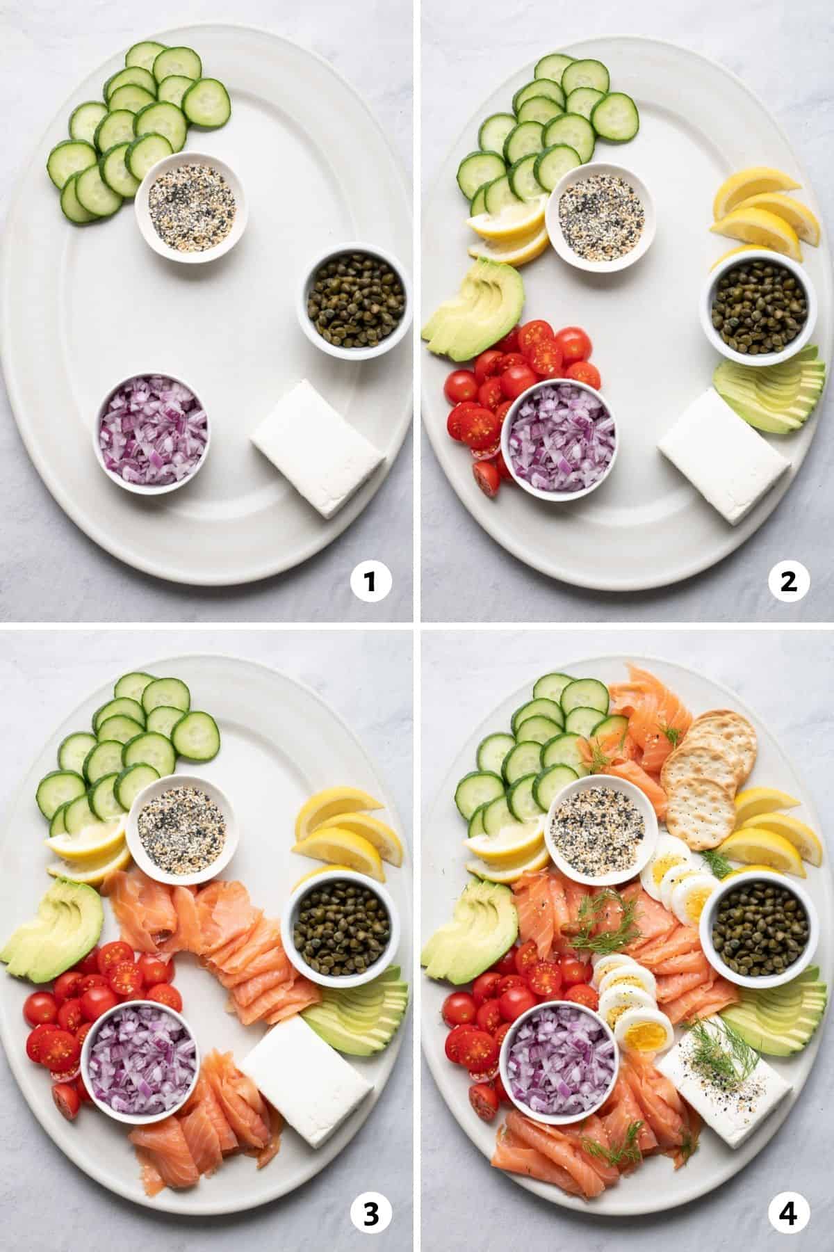 4 image collage to show how to build the platter with smoke salmon and accompaniments