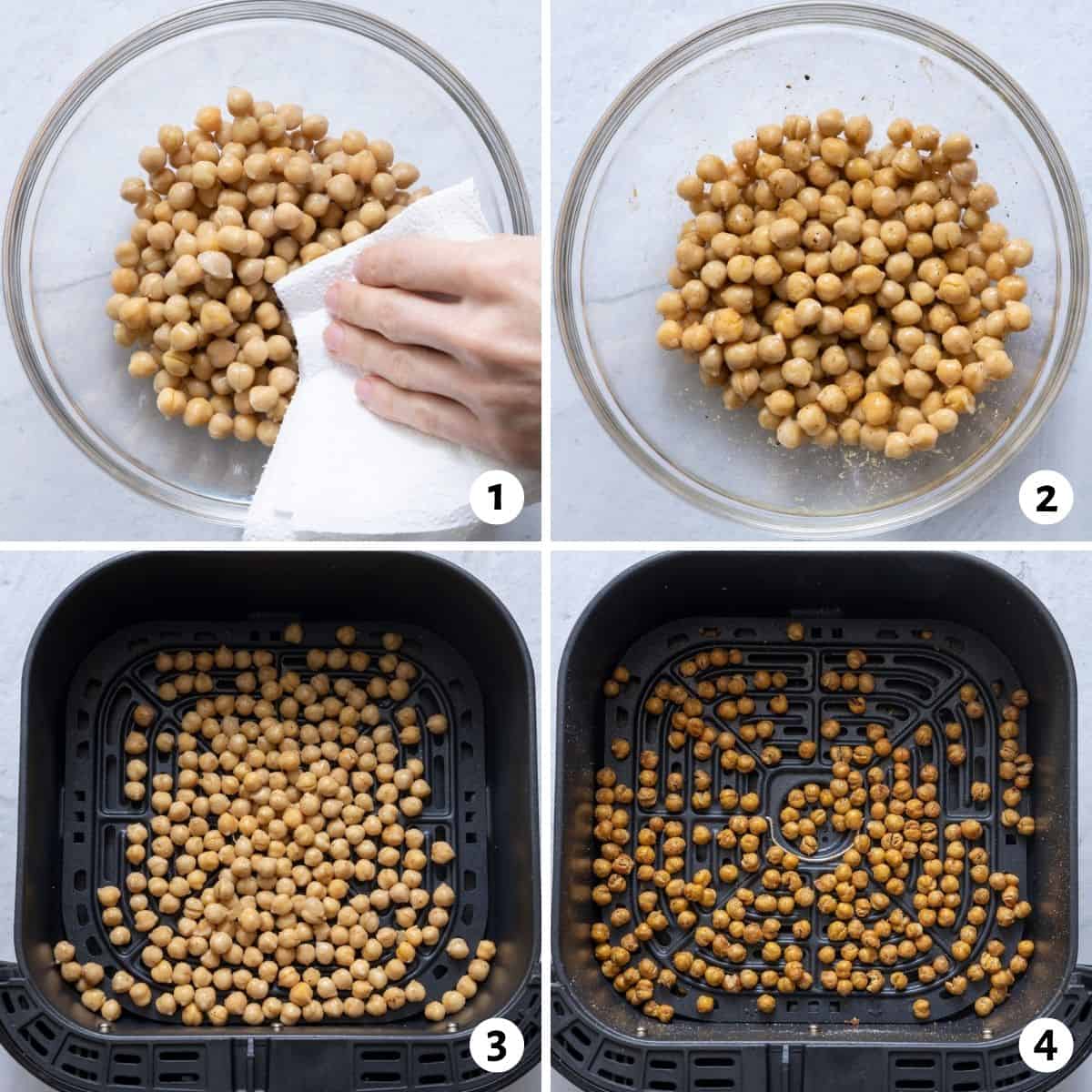 4 image collage of preparing chickpeas for air frying and before and after cooking them.