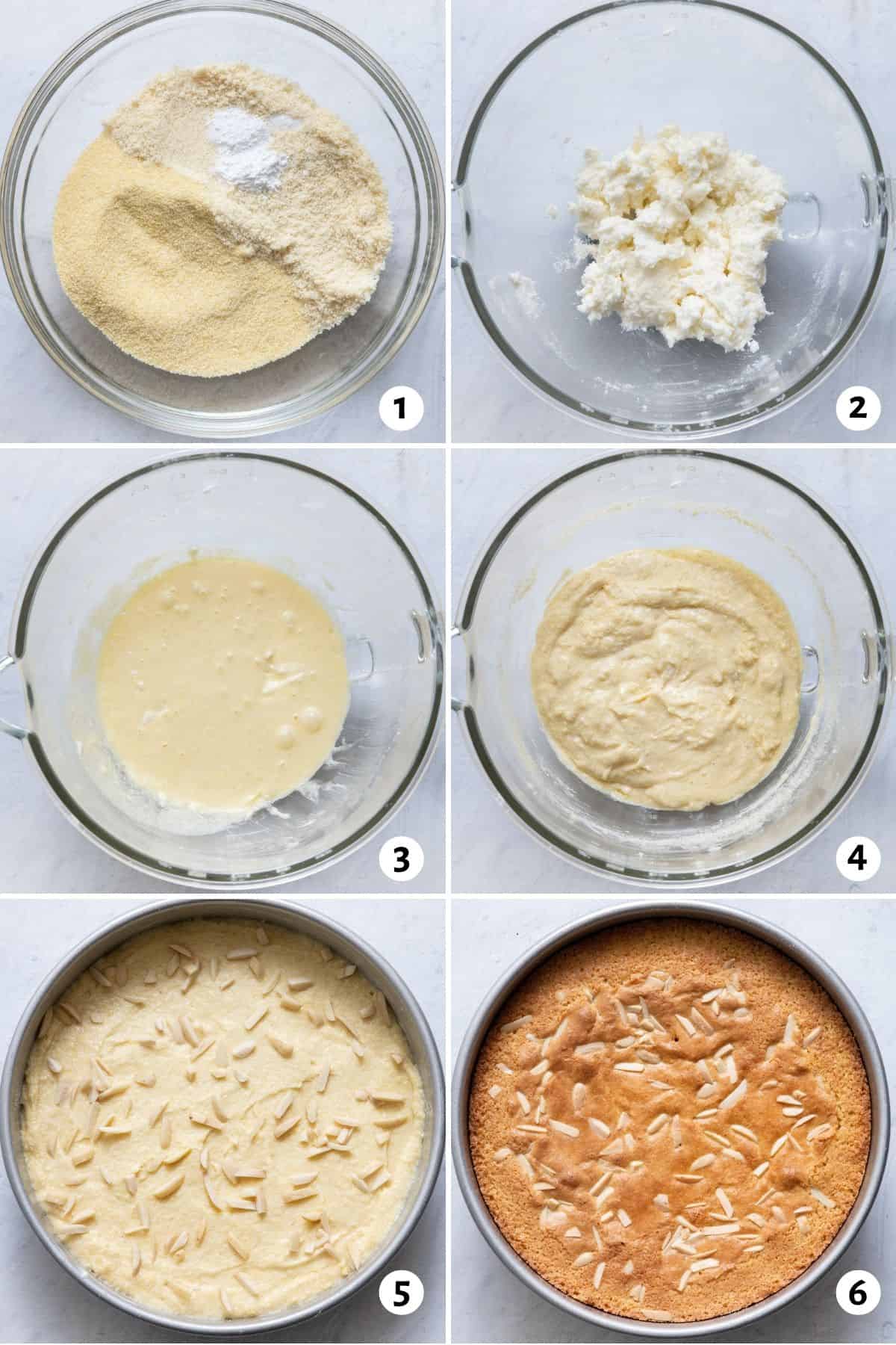 6 image collage on how to make cake recipe