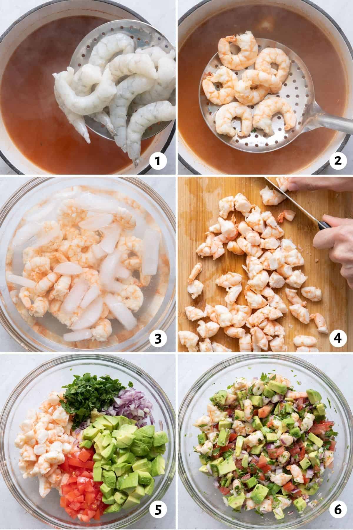 6 image collage on how to make salsa recipe with shrimp.