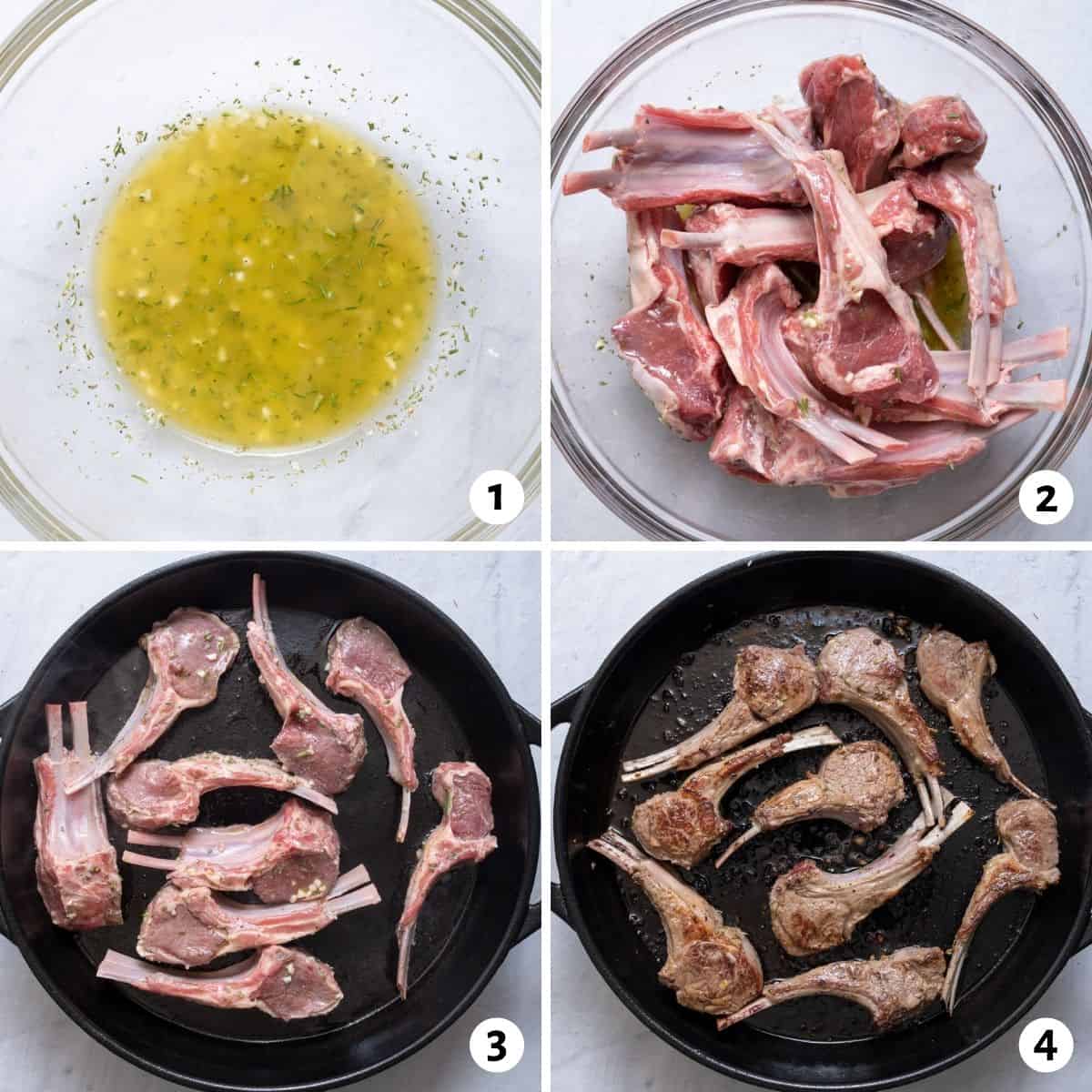 4 image collage showing marinade, lamb chops in marinade, chops in a cast iron pan before baking and then after baking.