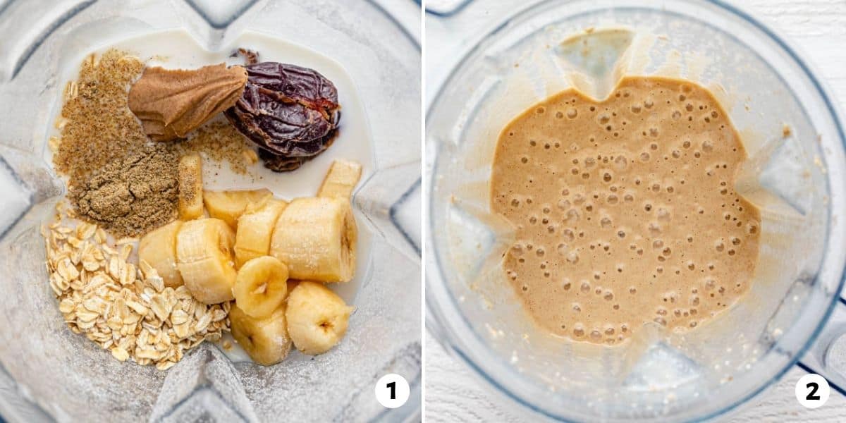 2 image collage showing smoothie ingredients placed in blender and then after blending.