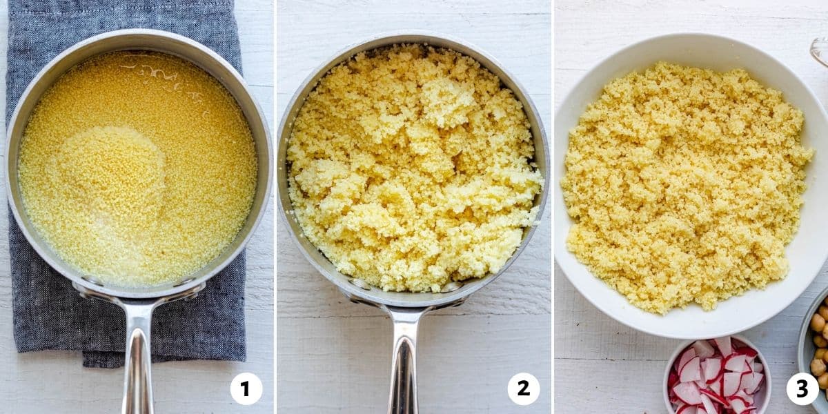 3 image collage on how to make couscous.