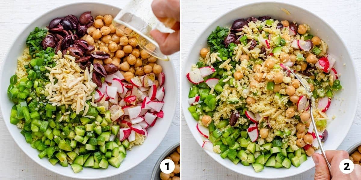 2 image collage of adding ingredients to bowl and tossing together.