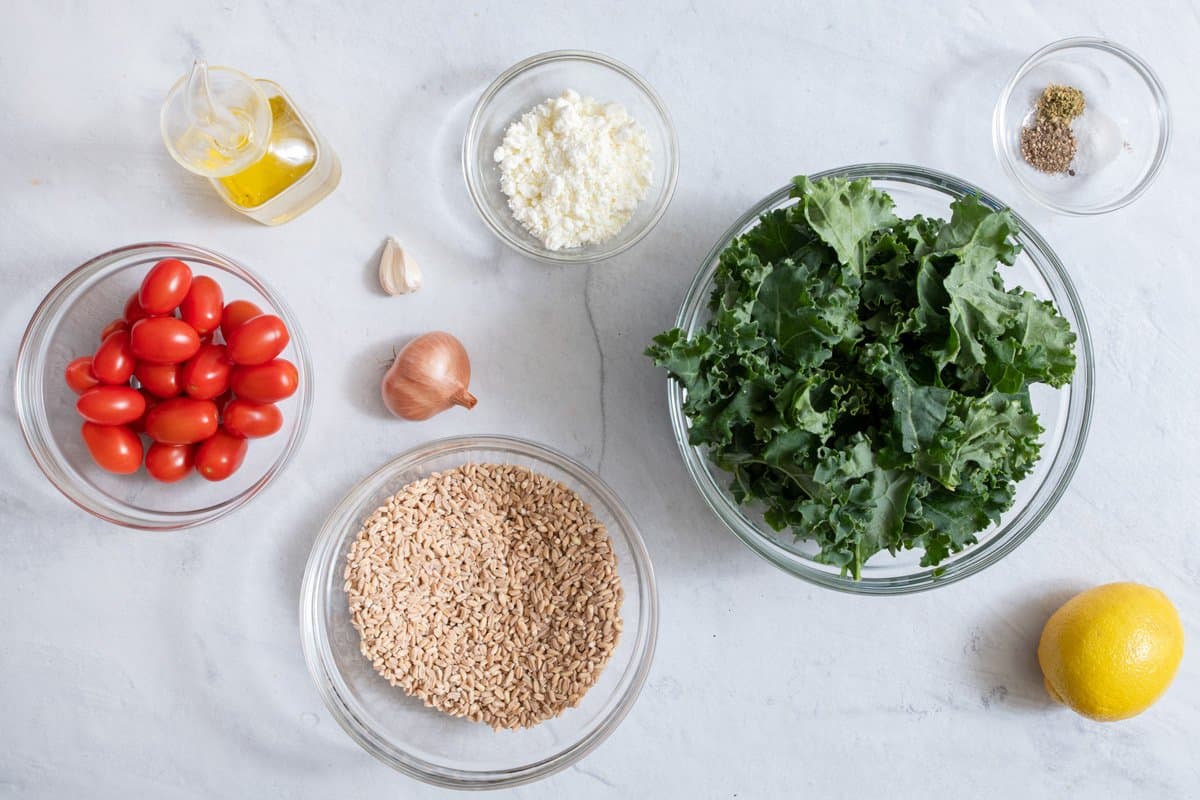 Ingredients for recipe: cherry tomatoes, olive oil, farro, kale, garlic, shallot, lemon, spices.