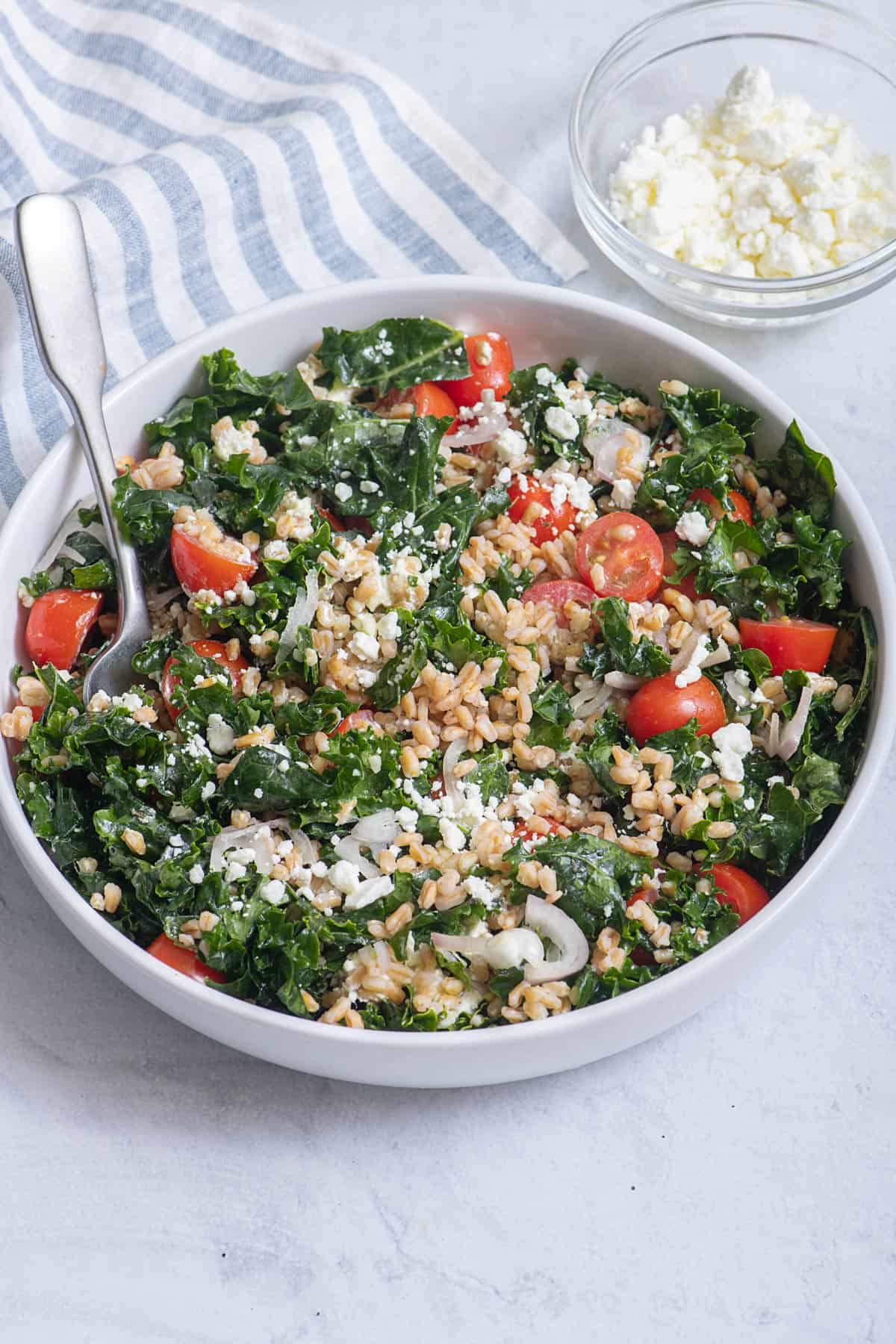 Farro salad served in a large white bowl with a small bowl of goat cheese crumbles.