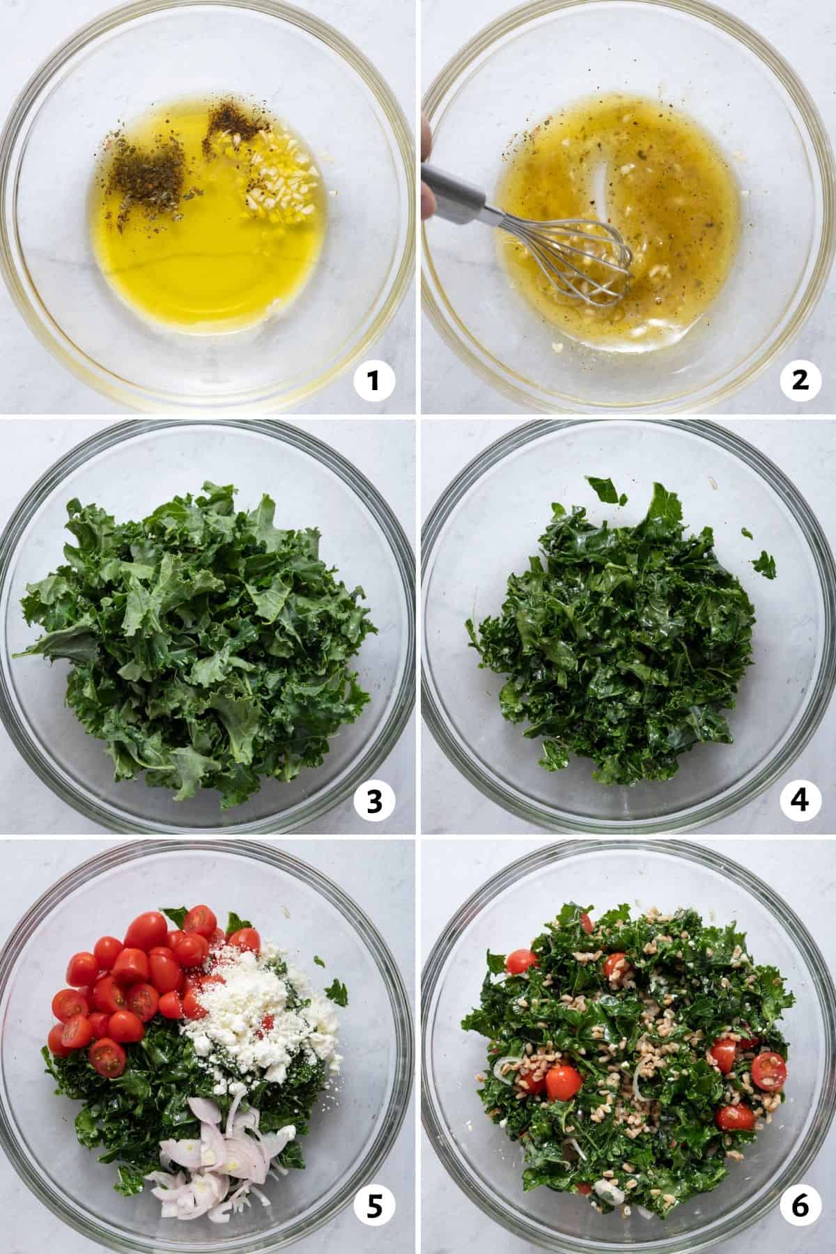 6 image collage showing how to make the dressing in one bowl and then combining salad ingredients in one bowl.