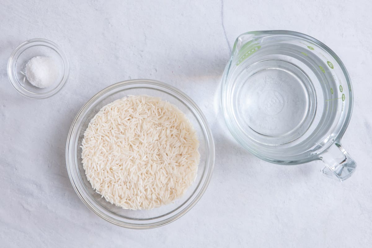 Ingredients to make recipe: basmati rice, water, and salt.