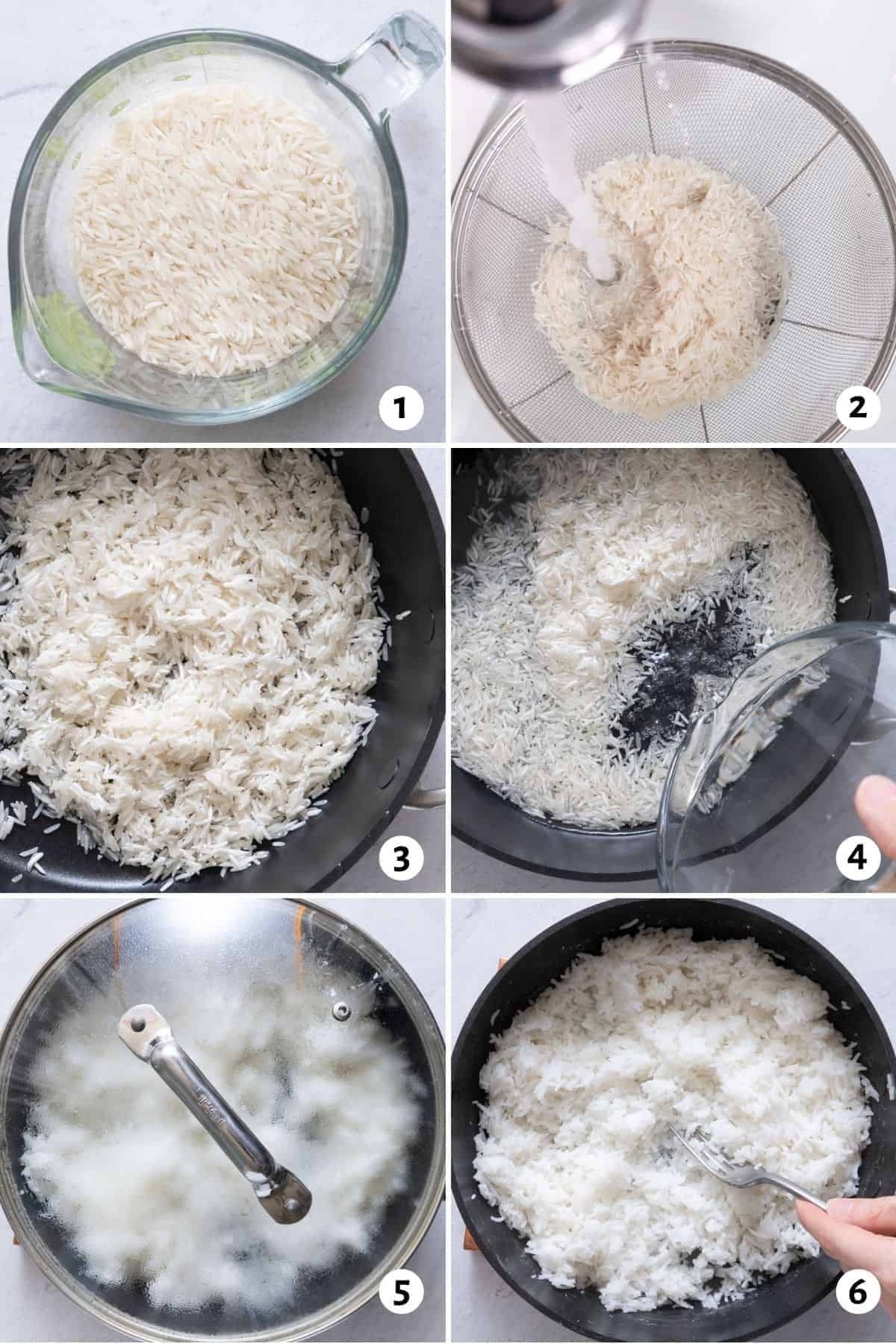 6 image collage on how to cook Basmati rice: 1. measure rice, 2. rinse, 3. add to sauce pan, 4. add water, 5. cover, and 6. fluff rice with fork.