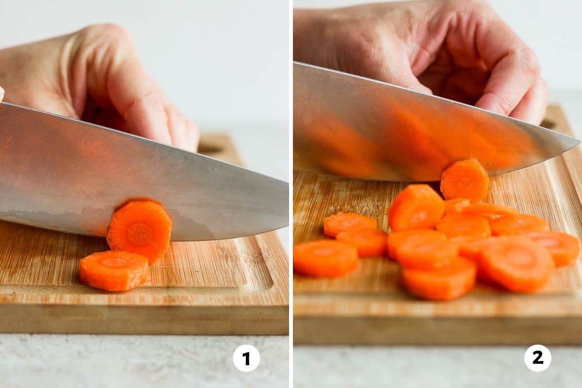 2 image collage on sliocing a whole carrot into rounds.
