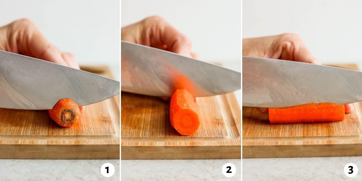 3 image collage on how to cut carrots into a rectangle for other types of cuts.