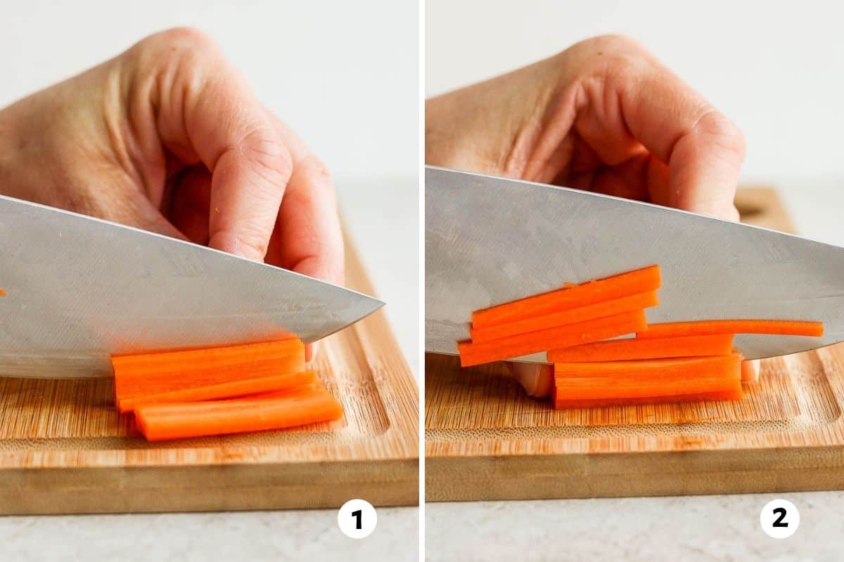 2 image collage showing how to julienne cut.