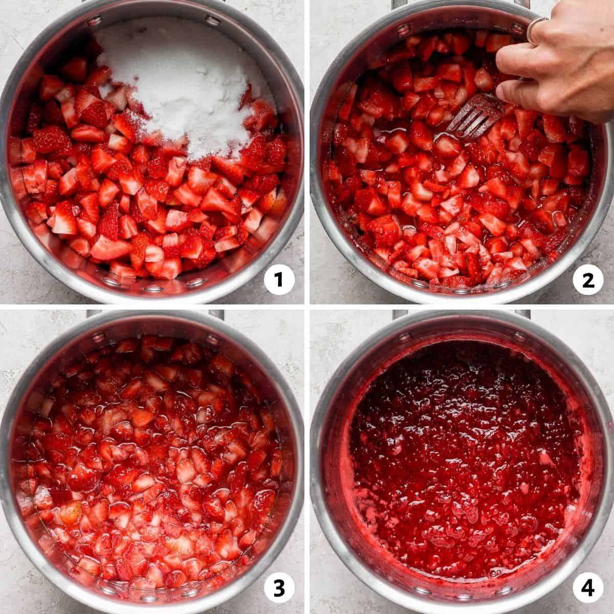 4 image collage on how to make jam in one pot.