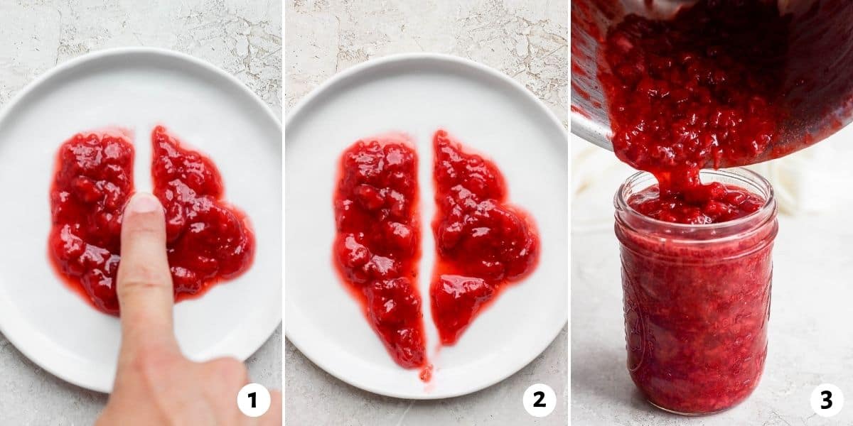 3 image collage showing the consistency of jam and pouring into mason jar for storage.