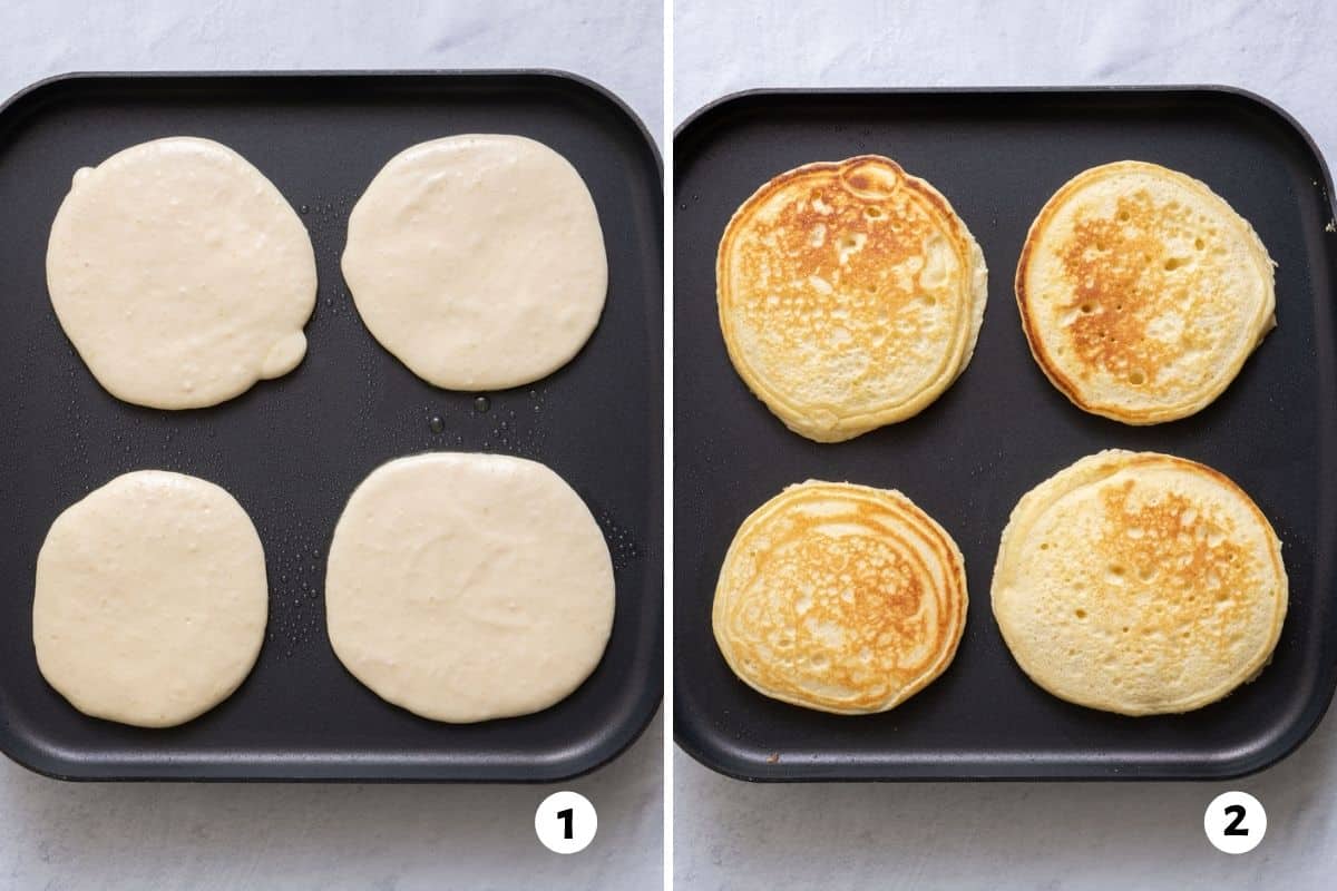 2 image collage showing how to make pancakes on a lightly oiled skillet and then after being flipped.