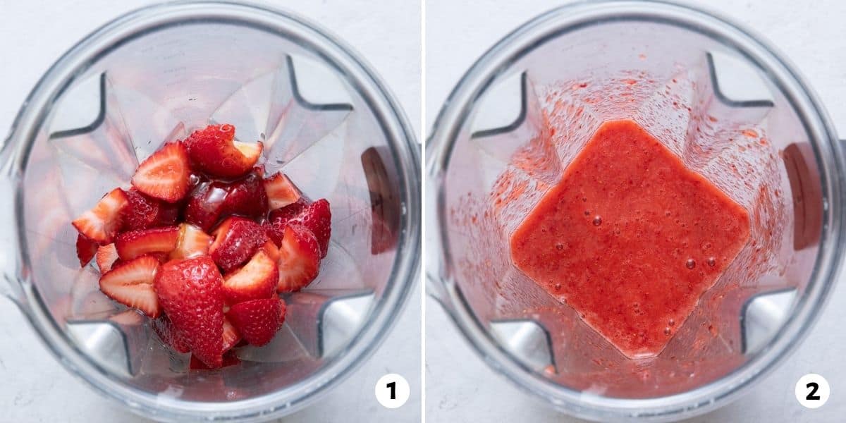 2 image collage of strawberries in blender before blending and after blending.