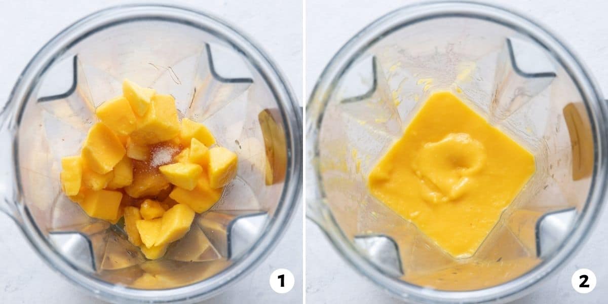 Chopped mangos in blender before being blended and after blending.