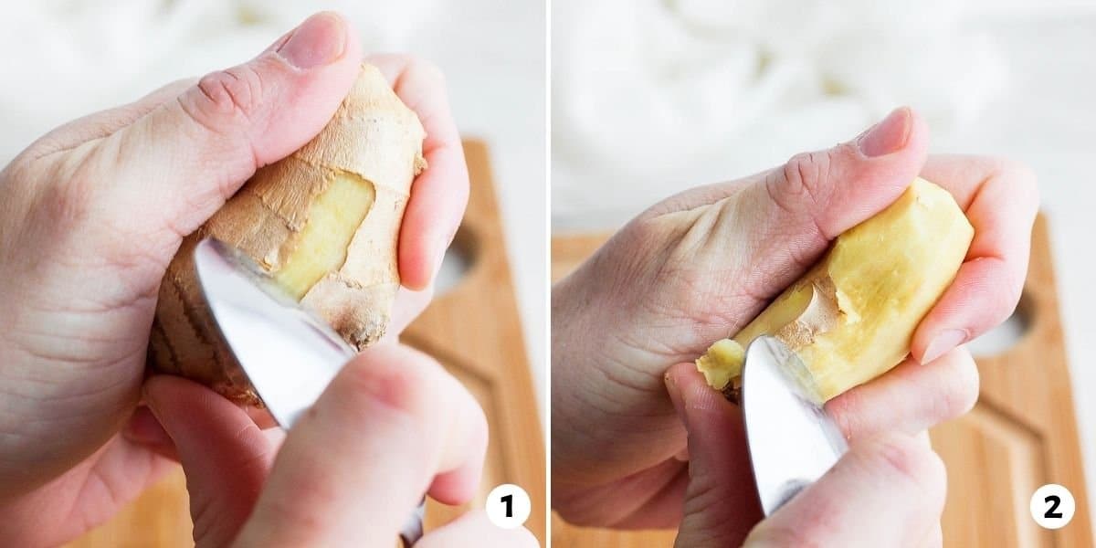 2 image collage showing how to peel the skin from fresh ginger with a spoon.