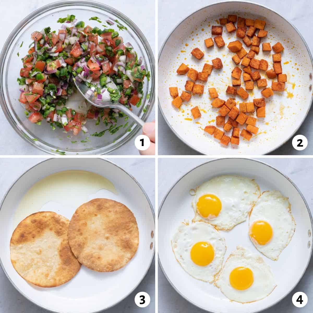 4 image collage showing steps to prepare parts of recipe including salsa, pan-frying potatoes, pitas, and eggs.