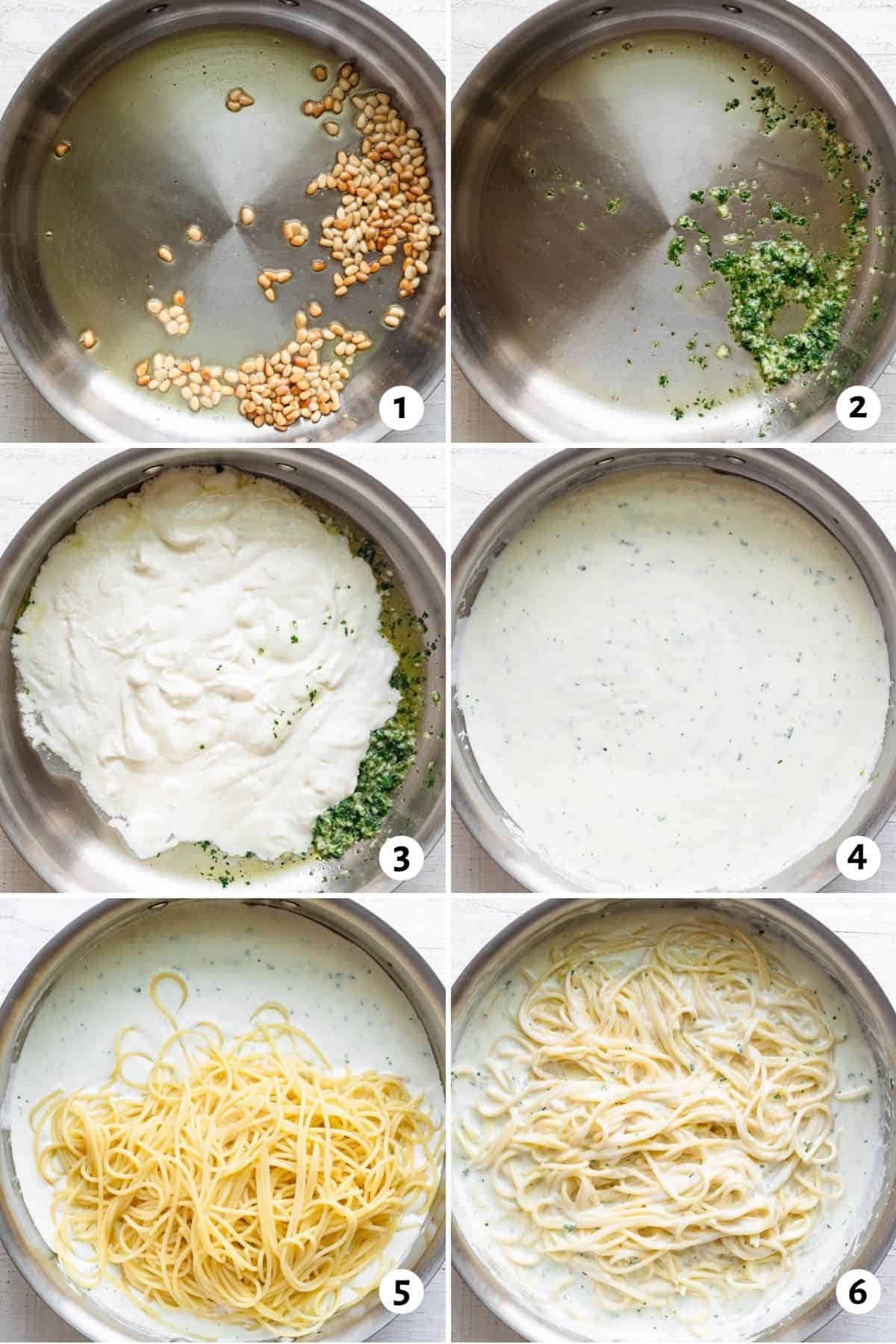 6 image collage on how to make recipe in one pan.