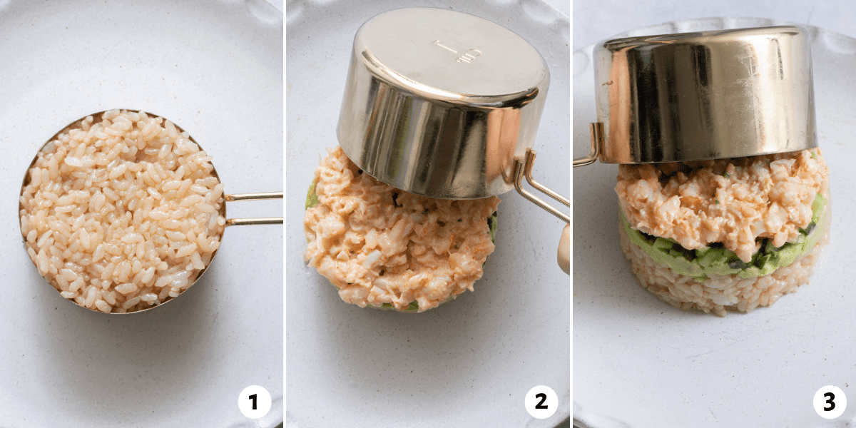 3 image collage to show the sushi stack in the measuring cup and then coming out of the measuring cup.