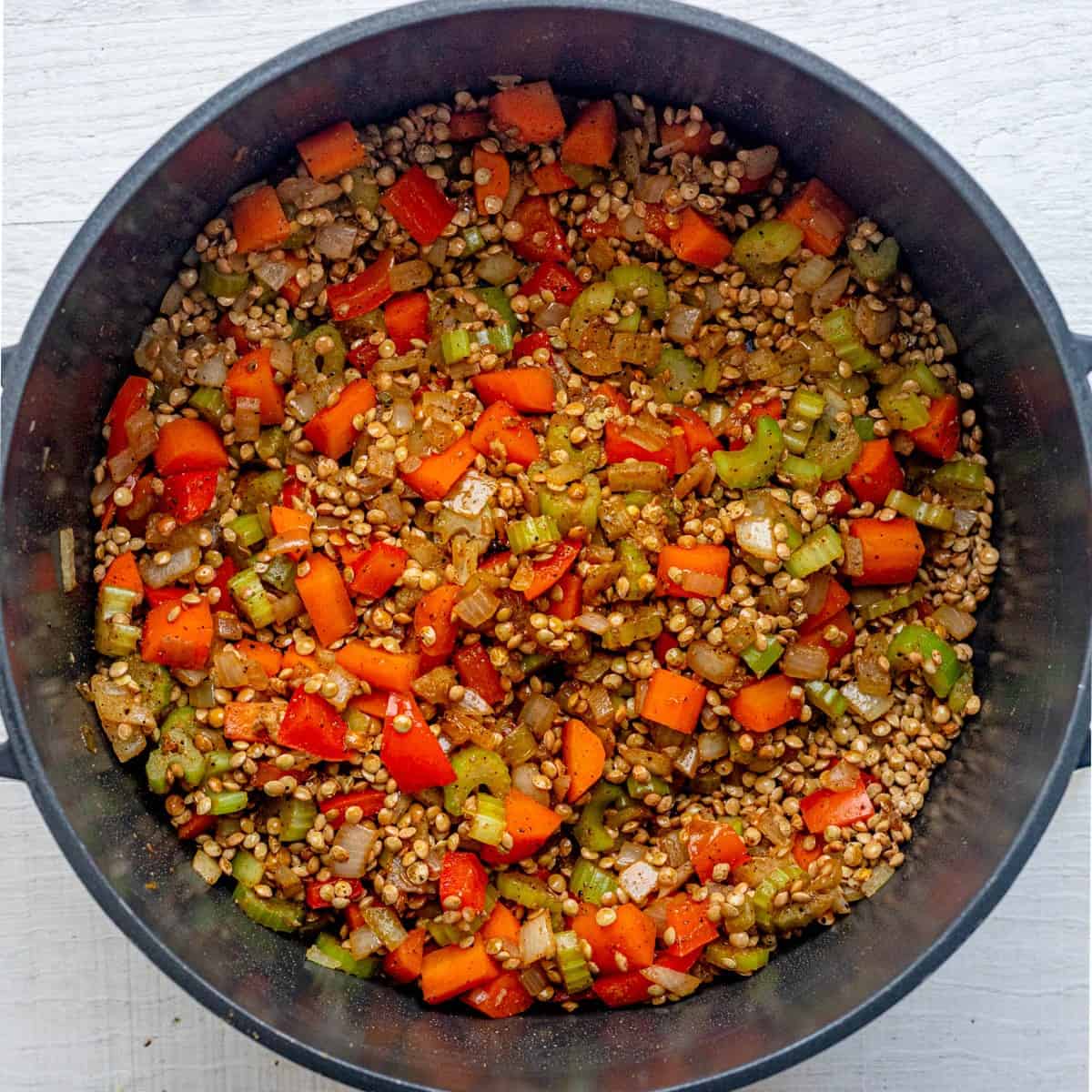 Lentils and seasonings added.