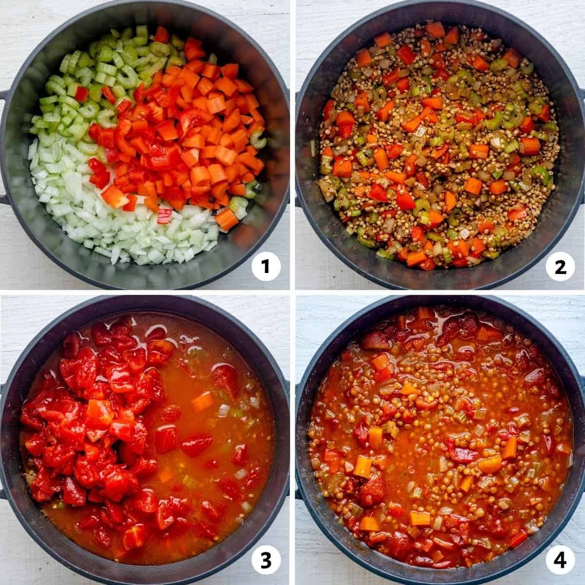 4 step collage of how to make soup recipe in pot.