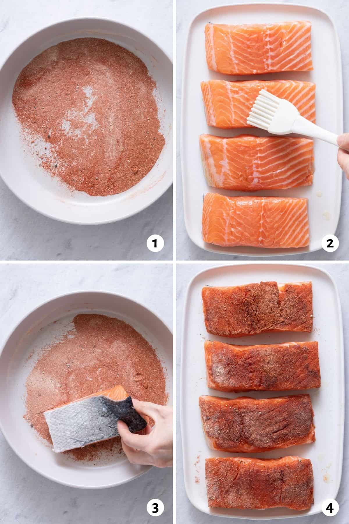 4 image collage on how to season and prepare salmon for baking.