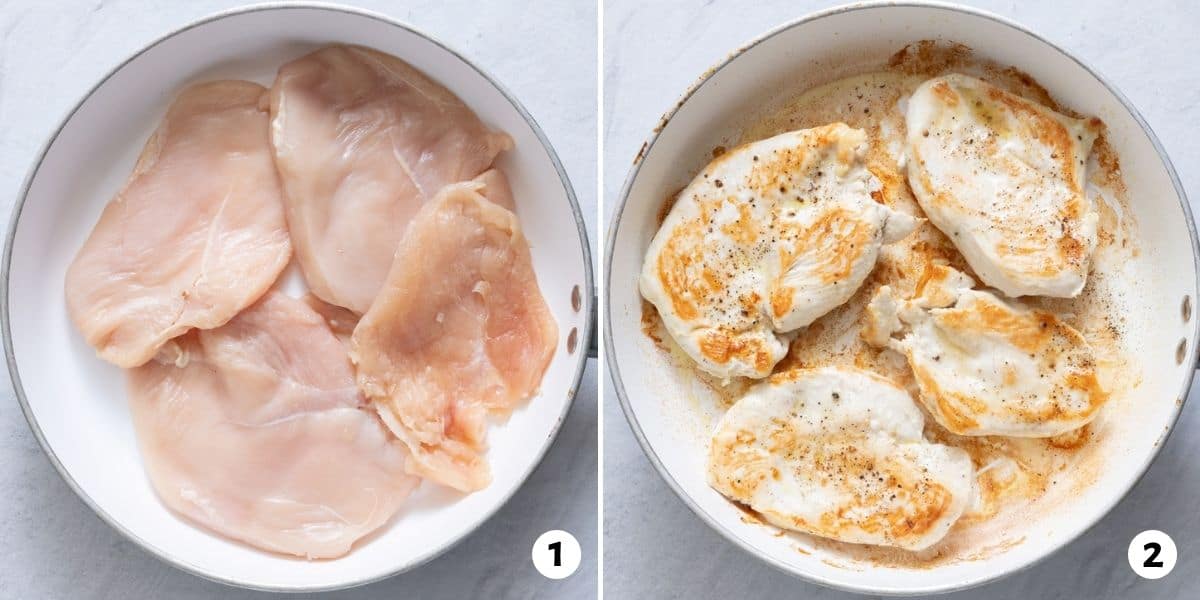 2 image collage of chicken cutlets in pan before being cooked and then after being cooked.