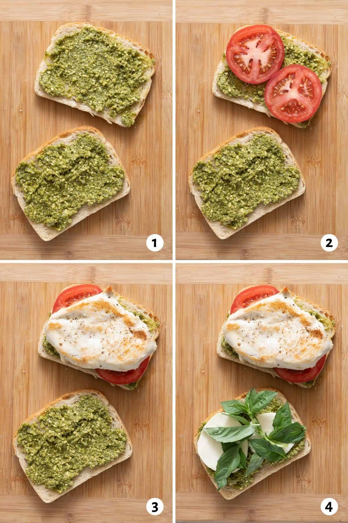 4 image collage on how to assemble panini before pressing.