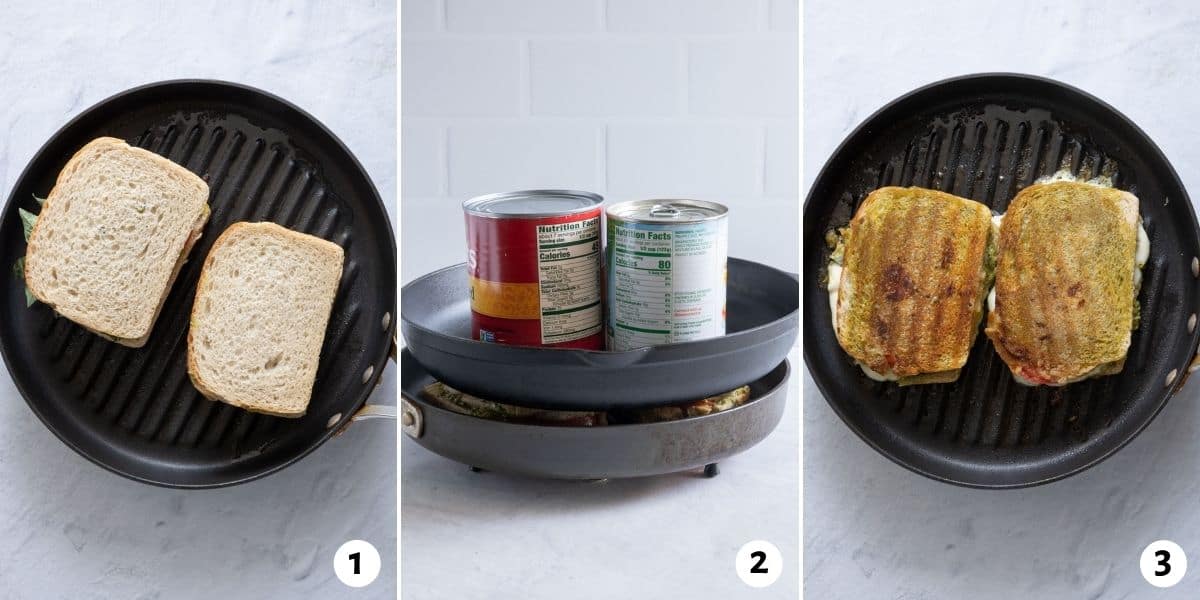 3 image collage of 2 sandwiches on grill pan then being pressed with another pan and two cans of food sitting on top to press the sandwiches, and then the sandwich after being flipped.