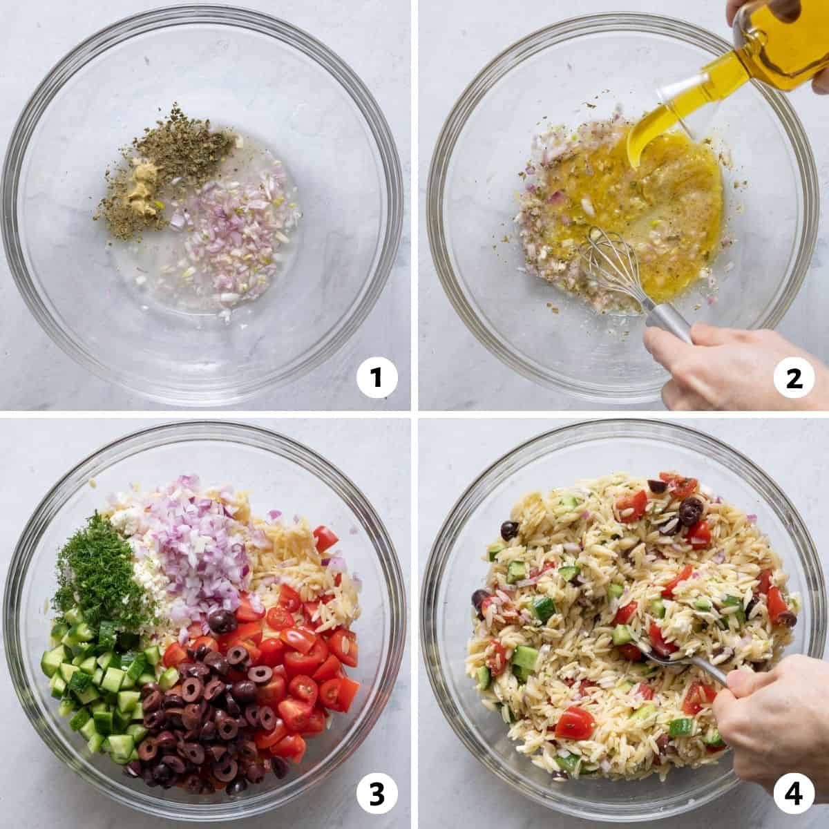 4 picture collage of mixing dressing and salad ingredients in a bowl.