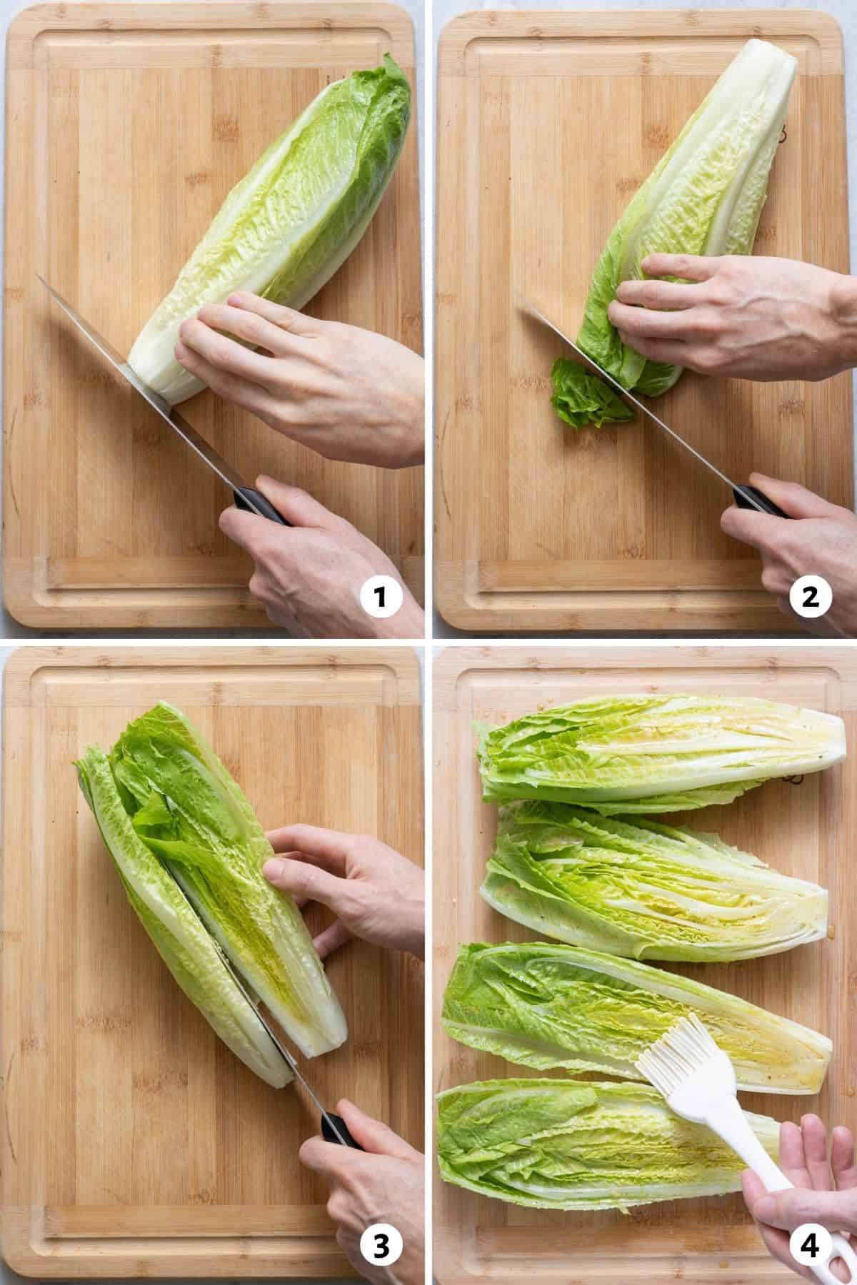 4 image collage cutting romaine lettuce on cutting board for grilling. Cut off end, cut off top, cut in half lengthwise, and brush with oil.