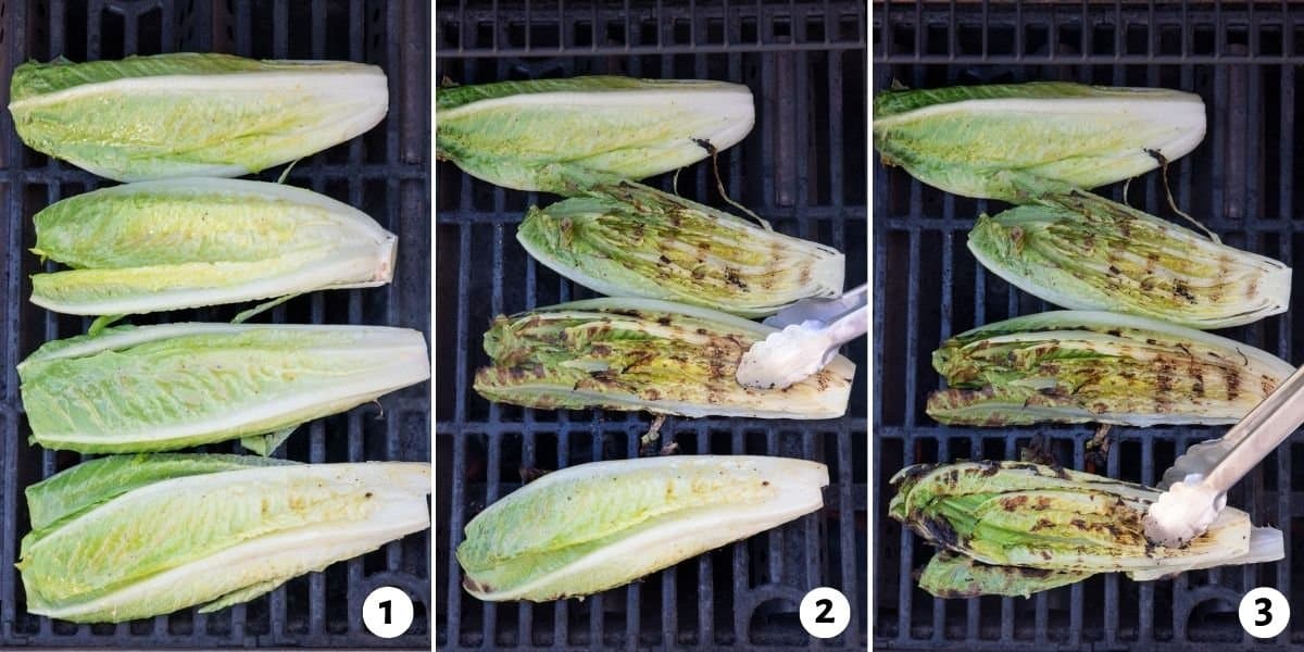 3 image collage showing how to grill 4 halves of romaine lettuce head.